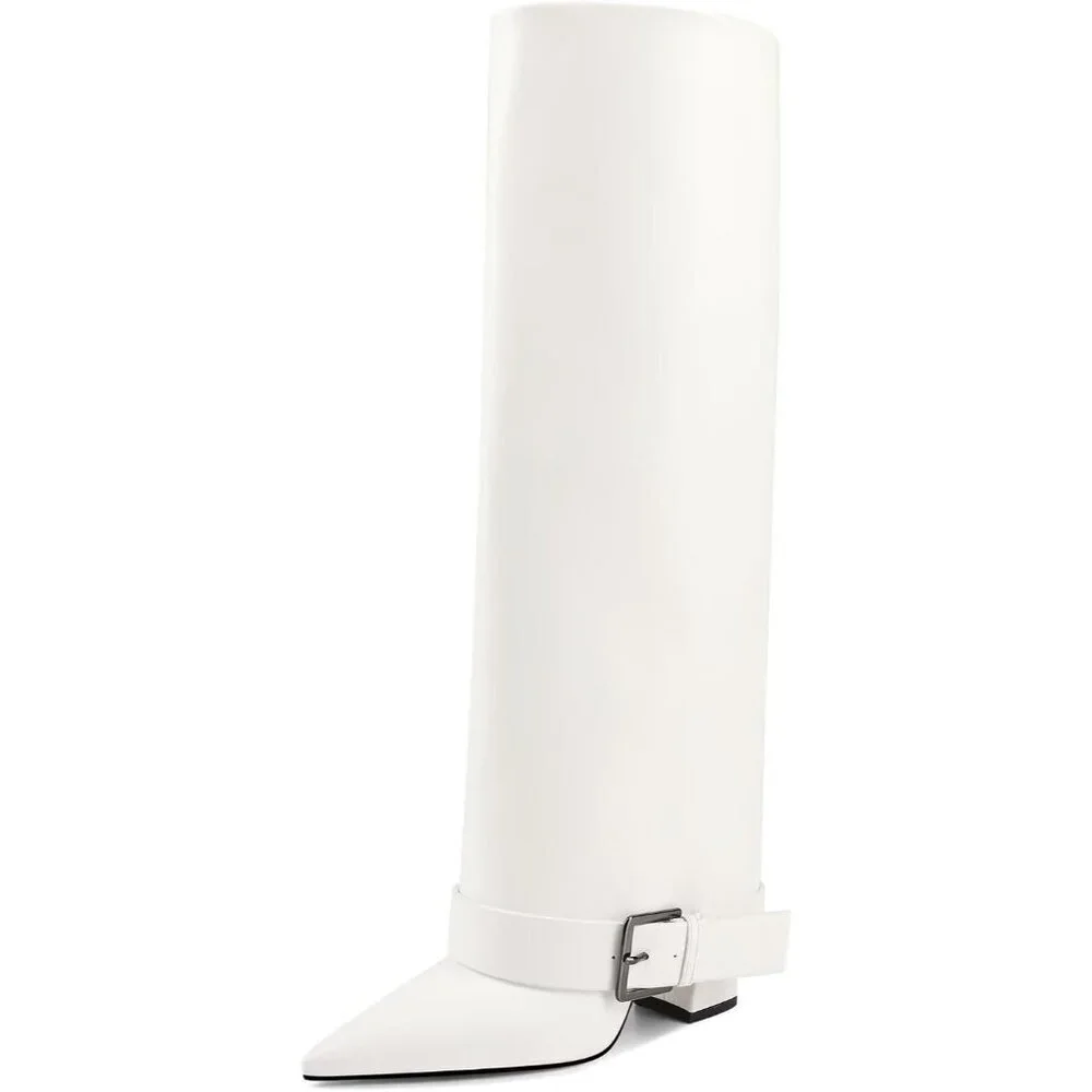Women's White Suede Knee High Boots Fold Over High Heel Belt Buckle Fall Long